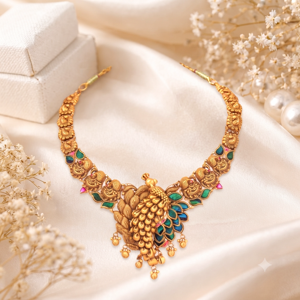 Imperial 22K Pure Gold Peacock Haram Necklace with Enamel Plume Work - Necklaces in Gold 24 CT