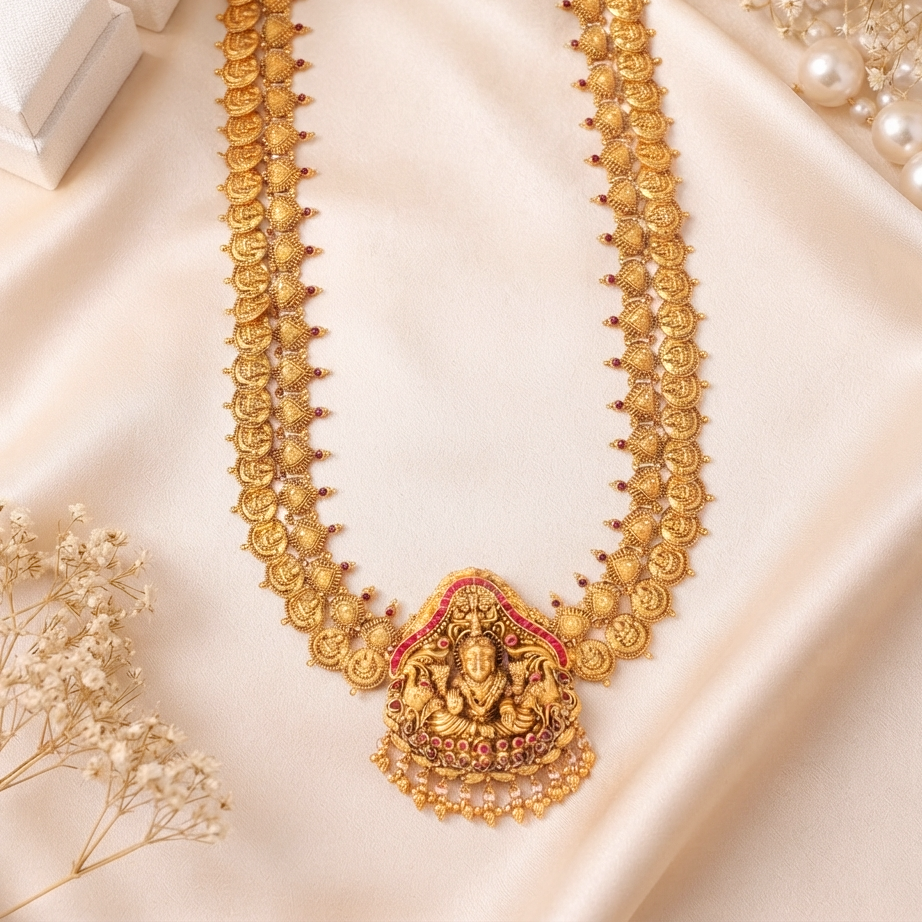 Heritage 22K Pure Gold Temple Kasu Haram Necklace with Lakshmi Medallion - Necklaces in Gold 24 CT
