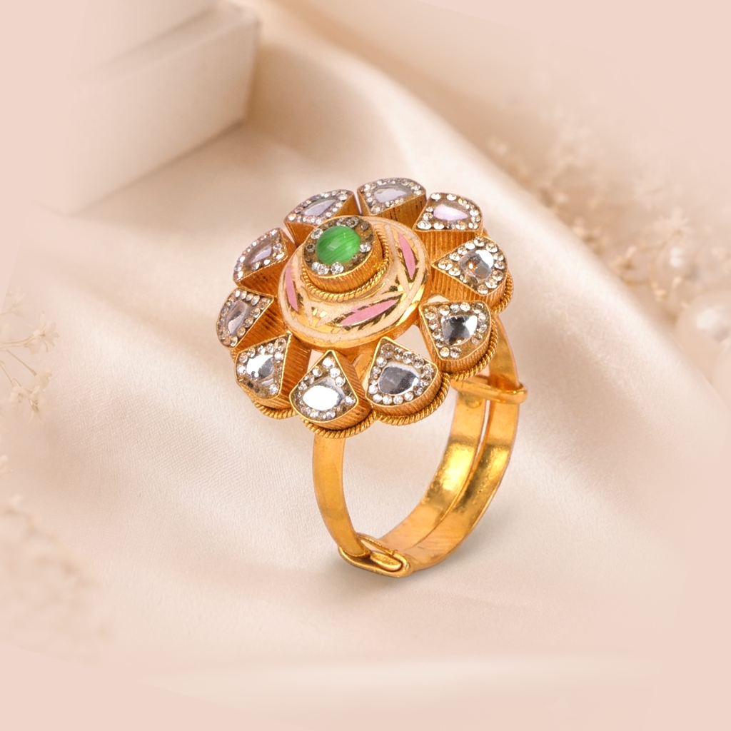 Maharaja Antique Gold Floral Statement Ring with Green Cabochon - Rings in Gold 22 CT