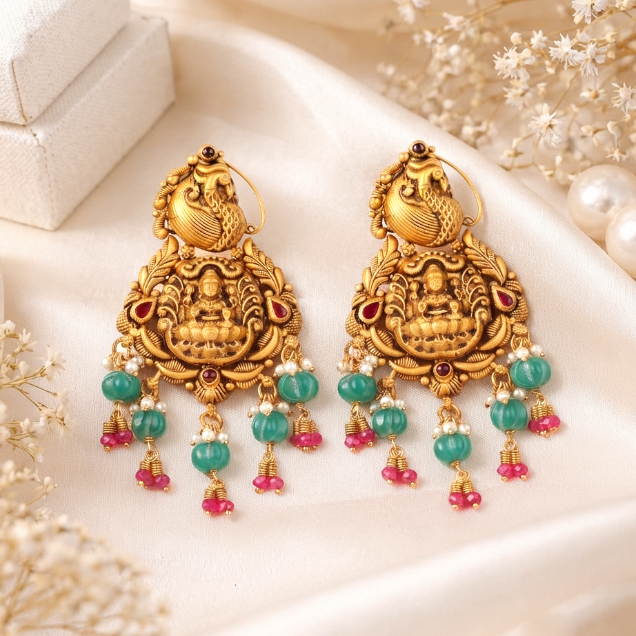 Heritage Pure Gold Temple Haram Earrings with Goddess Lakshmi and Jade Green Drops - Earrings in Gold 22 CT