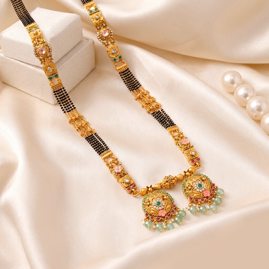 Mayura Antique Gold Ganthan with Pastel Meenakari and Mint Beads - Mangalsutra in Gold 22 CT
