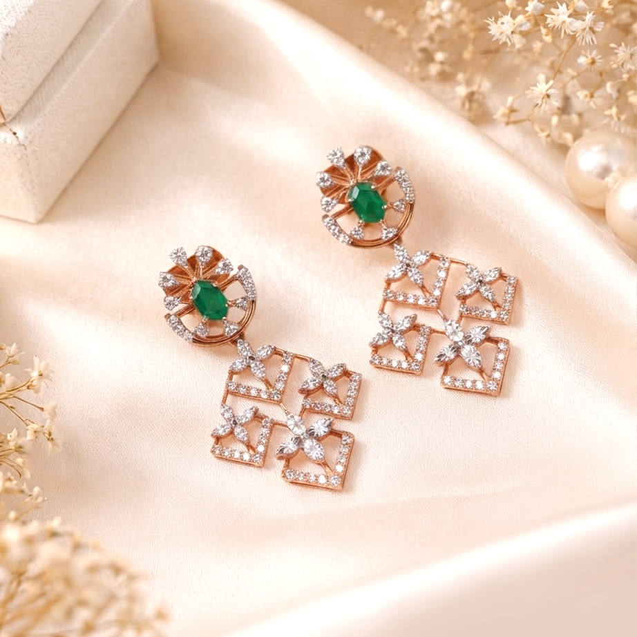 Imperial Emerald Blossom 18K Pure Gold and Diamond Drop Earrings - Earrings in Diamond 18 CT