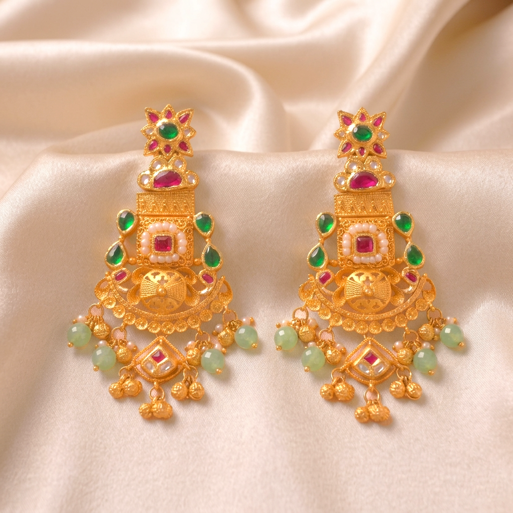 Mayura Royal Antique Gold Chandelier Earrings with Pastel Mint Beads and Kundan - Earrings in Gold 22 CT