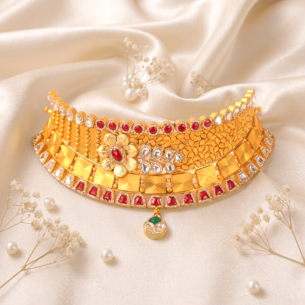 Imperial Antique Gold Choker Necklace with Kundan and Ruby Accents - Necklaces in Gold 22 CT