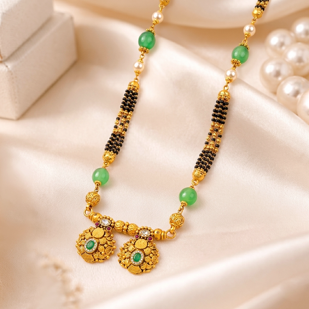 Antique Gold Ganthan Mangalsutra with Emerald Accents, Green Onyx Beads, and Pearls - Mangalsutra in Gold 22 CT