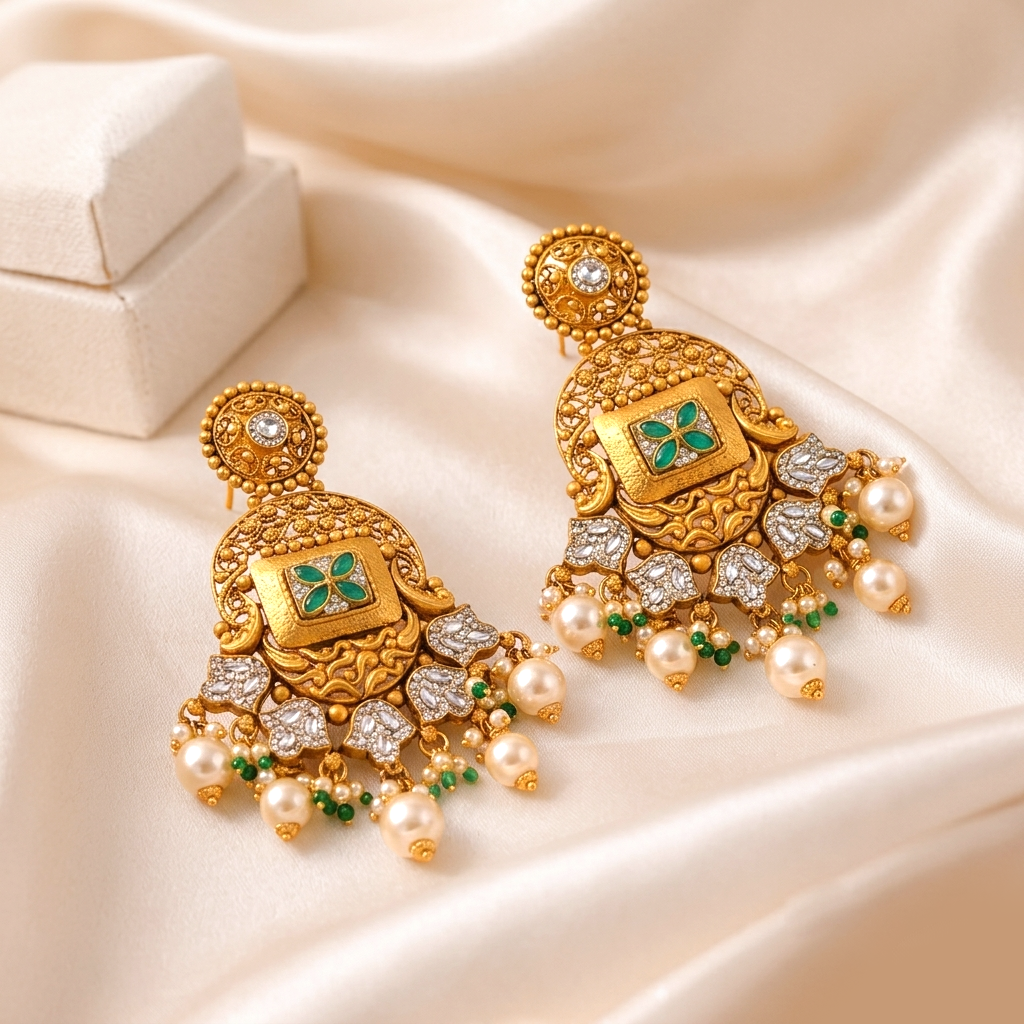 Advika Antique Gold Chandelier Earrings with Emerald Kundan and Pearl Drops - Earrings in Gold 22 CT