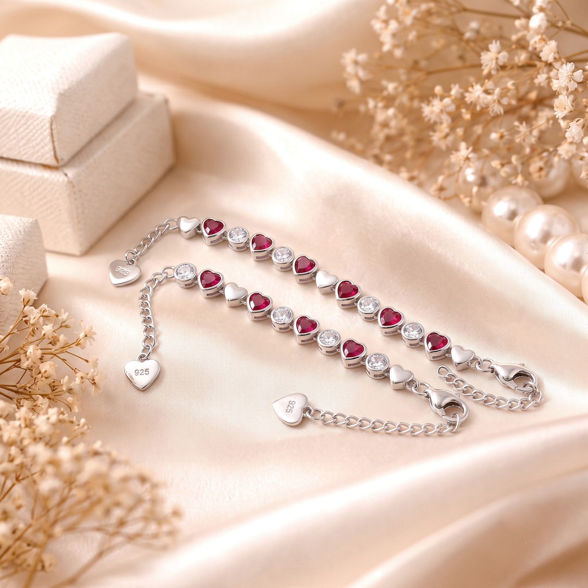 Luxury 925 Sterling Silver Ruby Red Heart Tennis Bracelet - Bracelets in Silver 92.5