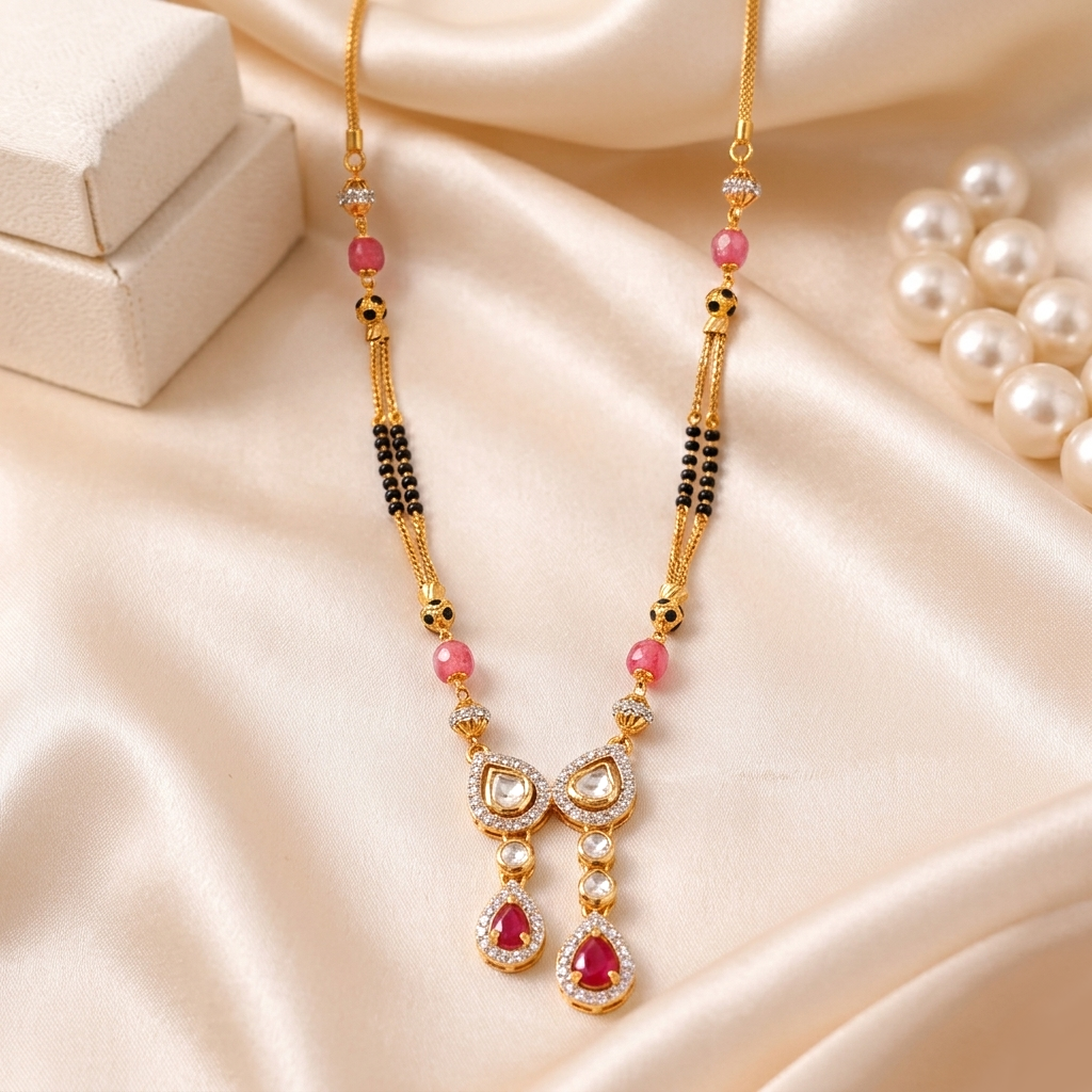 Elegant Antique Gold Mini Ganthan with Dual Pear Pendant and Ruby Drops - Mangalsutra in Gold 22 CT