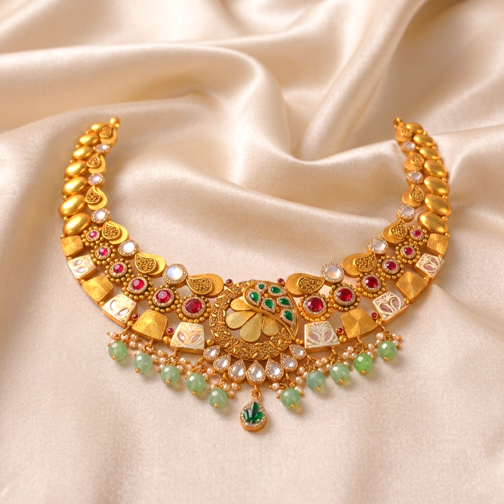 Mayurakshi Antique Gold Choker Necklace with Pastel Enamel and Mint Beads - Necklaces in Gold 22 CT