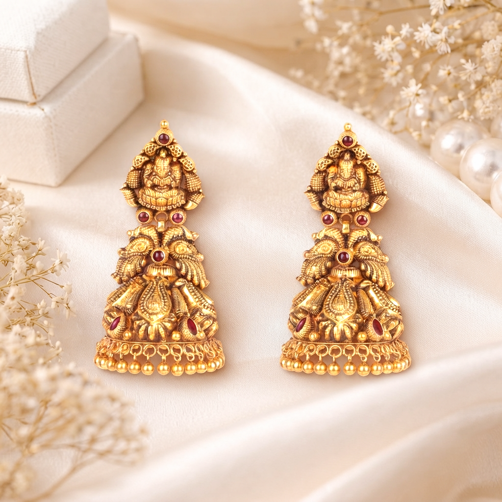 Heritage Pure Gold Temple Jhumka Earrings with Goddess Lakshmi and Ruby Accents - Earrings in Gold 22 CT
