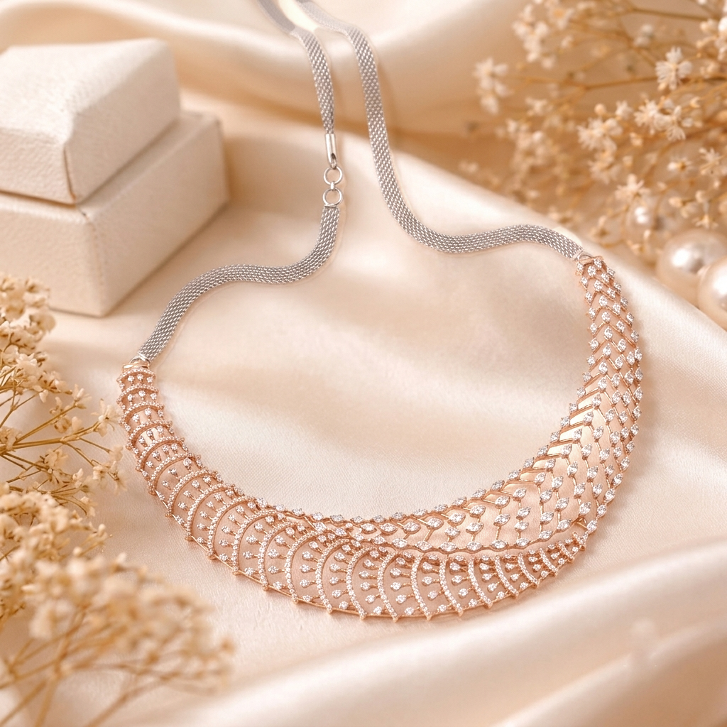 Luminous Chevron Lace 18K Pure Gold and Diamond Choker Necklace - Necklaces in Diamond 18 CT