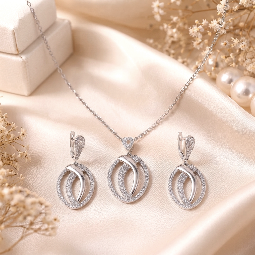 Silver Enchanted Halo Ribbon Pendant & Earrings Set - Silver Chain Set in Silver 92.5