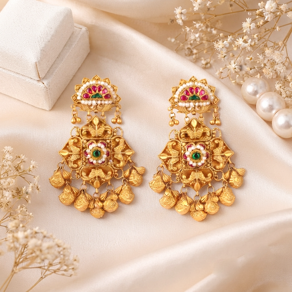 Imperial Gold Chandelier Heritage Earrings with Nakashi Medallions - Earrings in Gold 22 CT
