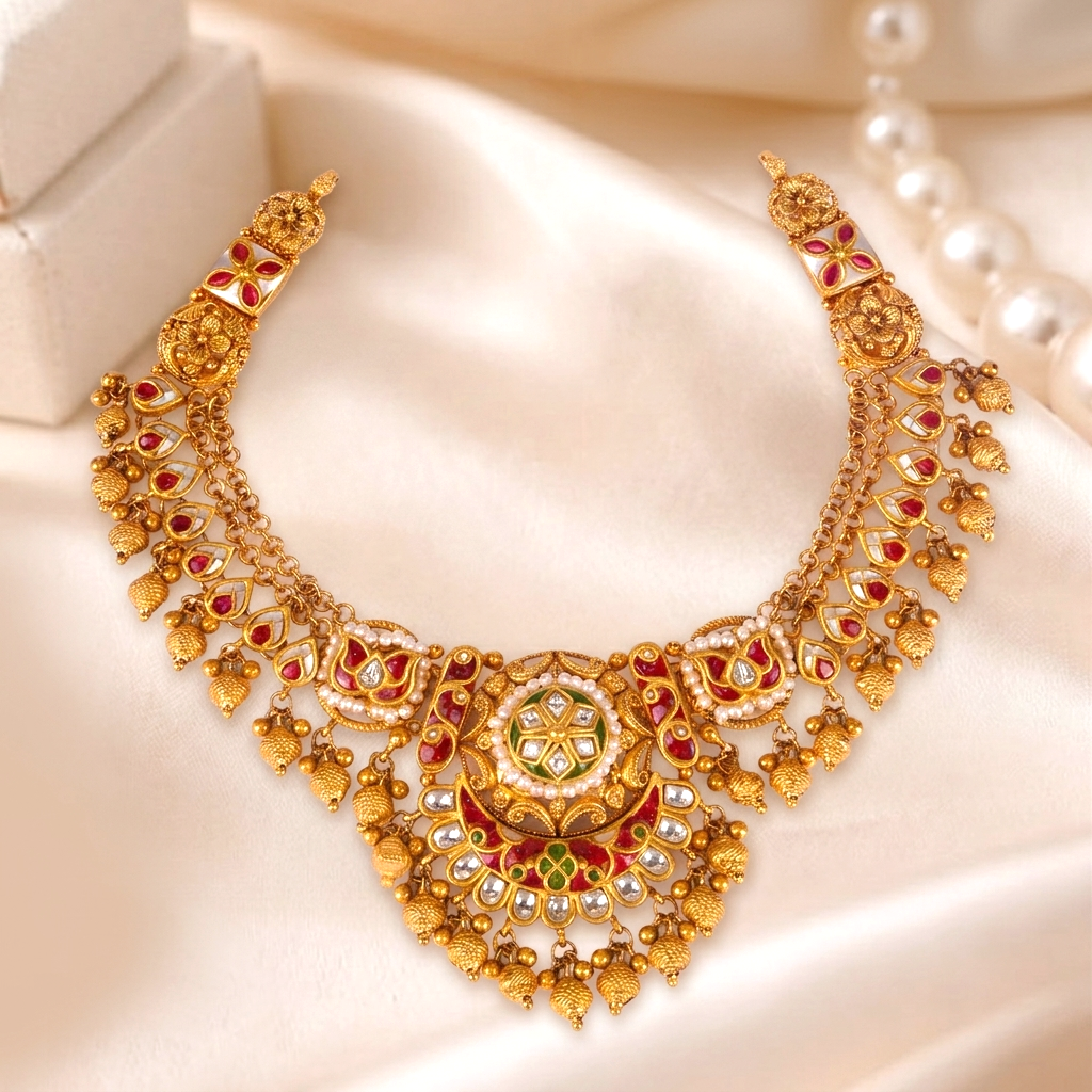 Imperial Antique Gold Filigree Festoon Necklace with Ruby-Red Accents . - Necklaces in Gold 22 CT