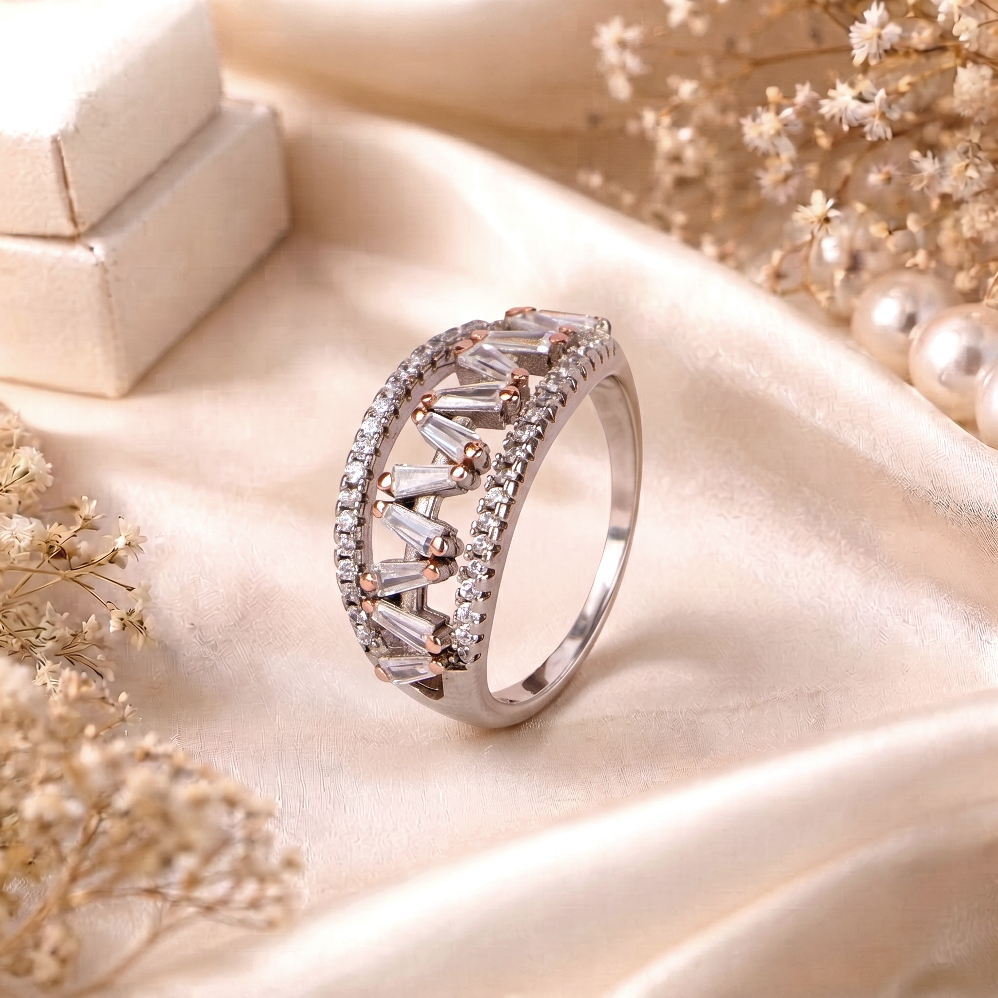 Elegant Two-Tone Silver Baguette Wave Band Ring - Rings in Silver 92.5