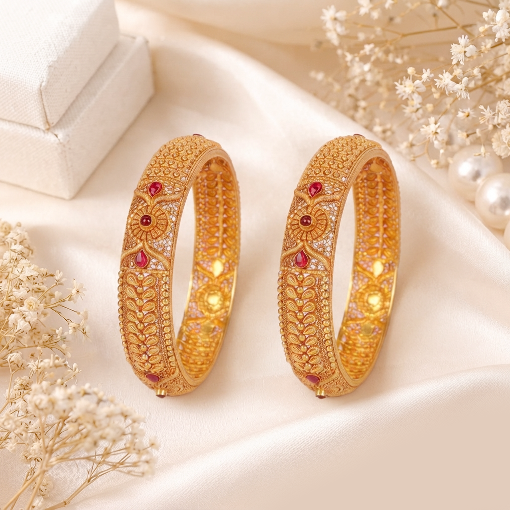 Royal Heritage 22K Pure Gold Kada Bangles with Nakashi Work and Ruby Accents - Bangles in Gold 22 CT