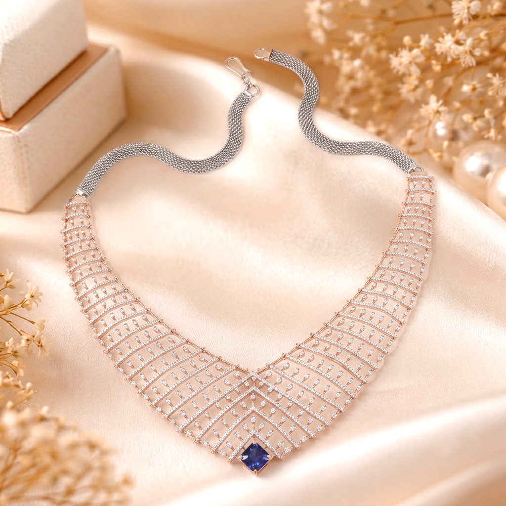 Royal V-Chevron Lattice 18K Gold and Diamond Choker with Tanzanite Center-piece - Necklaces in Diamond 18 CT